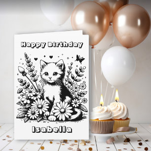 Cute Cat themed Coloring Page Girl's Birthday Kort