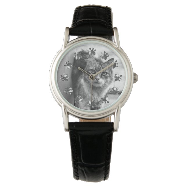 Cute Cat Tracks Bakgrund Kvinnobevakning Armbandsur (Framsida)