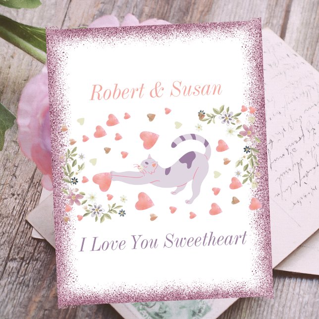 Cute Cat Typography Rosa Red Hearts Valentines day Helg Vykort (Skapare uppladdad)