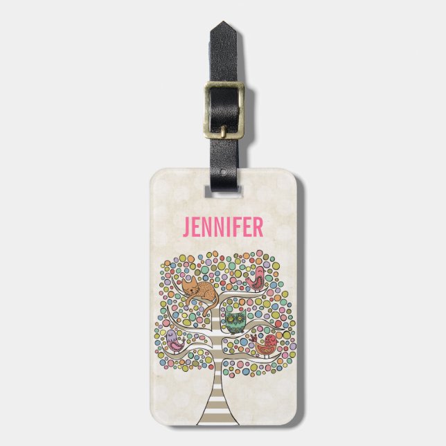 Cute Cat Uggla & Birds Sittin i en illustration av Bagagebricka (Vertikal Framsida)