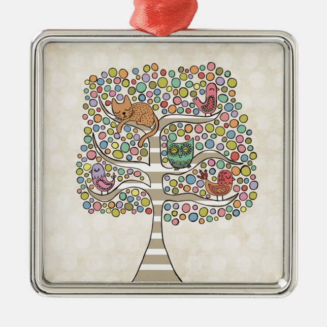 Cute Cat Uggla & Birds Sittin i en illustration av Julgransprydnad Metall (Framsidan)