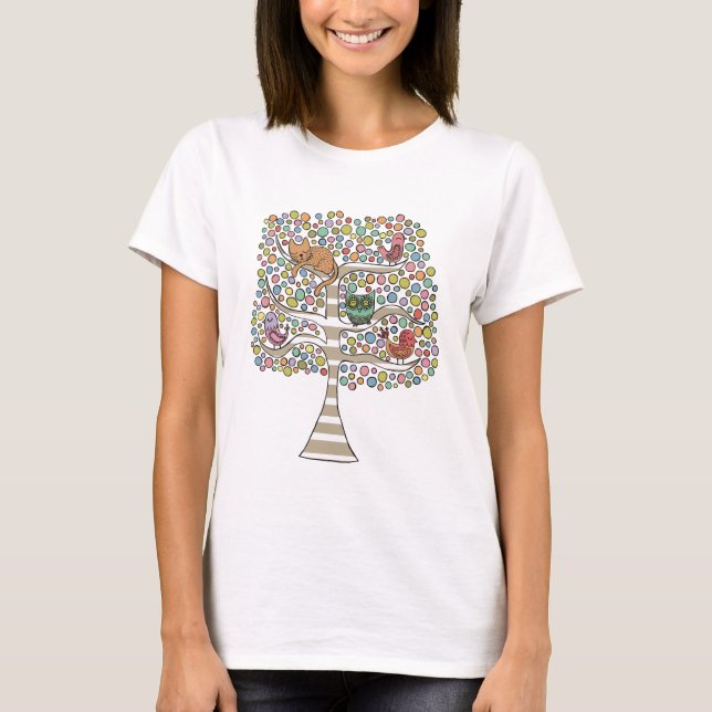 Cute Cat Uggla & Birds Sittin i en illustration av Tee Shirt (Framsida)