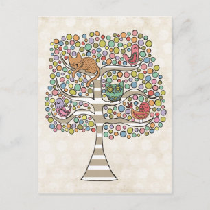 Cute Cat Uggla & Birds Sittin i en illustration av Vykort