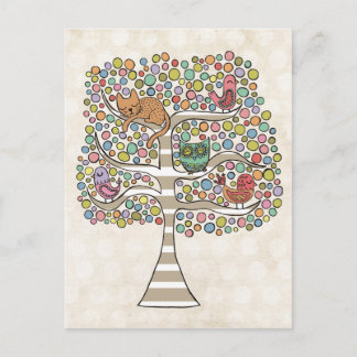 Cute Cat Uggla & Birds Sittin i en illustration av Vykort