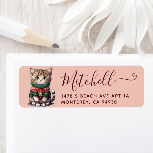 Cute Cat Ugly Sweater Party Adress Returadress Etikett (Insitu)