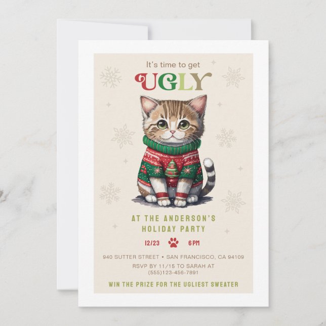 Cute Cat Ugly Sweater Party-inbjudningskort Julkort (Framsida)