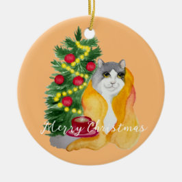 Cute cat under en mysigt filt med kopp te julgransprydnad keramik