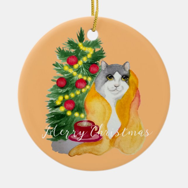 Cute cat under en mysigt filt med kopp te julgransprydnad keramik (Framsidan)