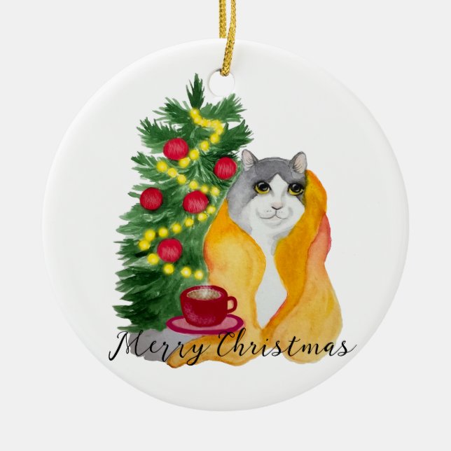 Cute cat under en mysigt filt med kopp te julgransprydnad keramik (Framsidan)