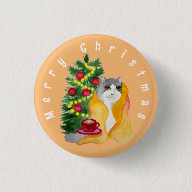 Cute cat under en mysigt filt med kopp te knapp (Framsida)