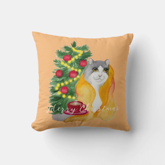 Cute cat under en mysigt filt med kopp te kudde (Framsida)