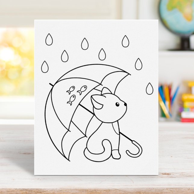 Cute Cat under Paraplla Coloring Page Poster (Skapare uppladdad)