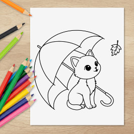 Cute Cat under Paraplla Coloring Page Stämpel