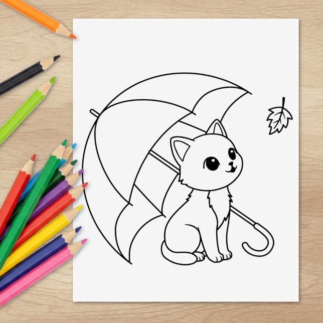 Cute Cat under Paraplla Coloring Page Stämpel (Skapare uppladdad)