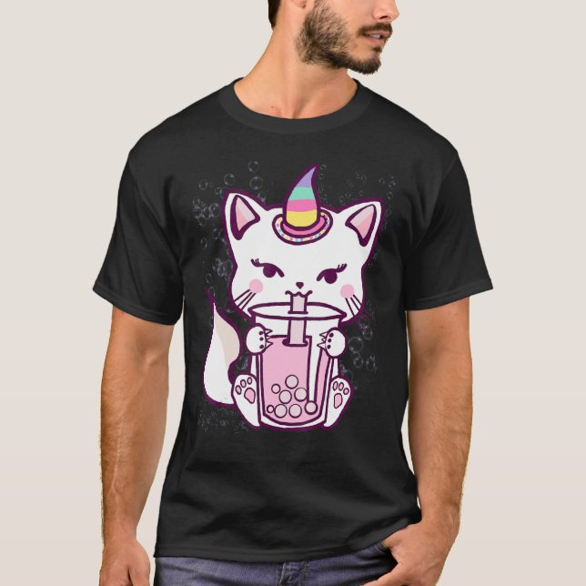 Cute Cat Unicorn Drining Bubble Tea Design T Shirt (Framsida)