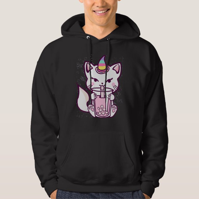 Cute Cat Unicorn Drinking Bubble Tea Design Hoodie (Framsida)
