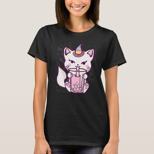 Cute Cat Unicorn Drinking Bubble Tea T Shirt (Framsida)