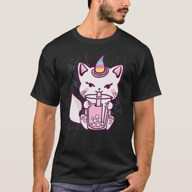 Cute Cat Unicorn Drinking Bubble Tea T Shirt (Framsida)
