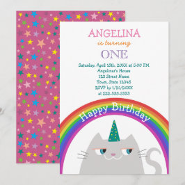 Cute Cat Unicorn Girl 1:a födelsedagen Inbjudningar