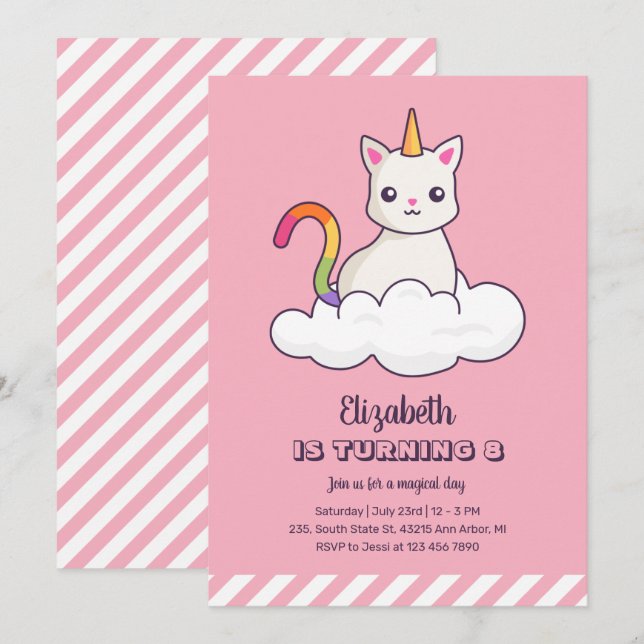 Cute Cat Unicorn på Cloud Girl Birthday Inbjudningar (Fram/baksida)