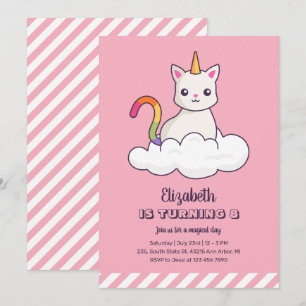 Cute Cat Unicorn på Cloud Girl Birthday Inbjudningar