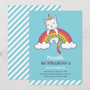 Cute Cat Unicorn Rainbow Girl Birthday Inbjudningar