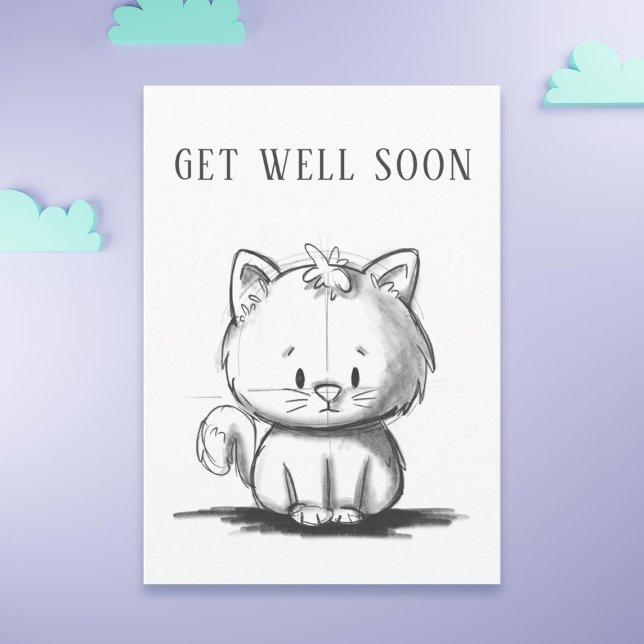 Cute Cat-uppmuntran gör gott Kort (Adorable get well soon card with a sketch illustration of a cat)