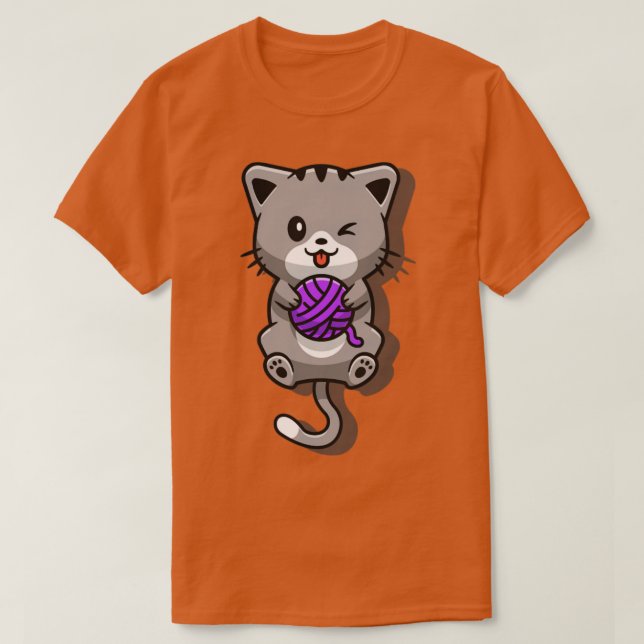 Cute Cat-uppspelningsgarn Boll Tecknad T Shirt (Design framsida)