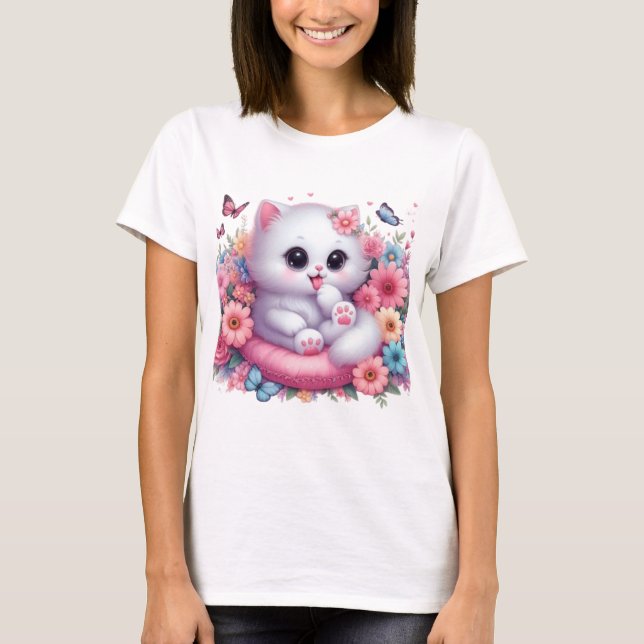 Cute Cat, vacker blomma T Shirt (Framsida)