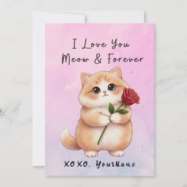 Cute Cat Valentine Card I Love You Meow & Forever Julkort (Framsida)