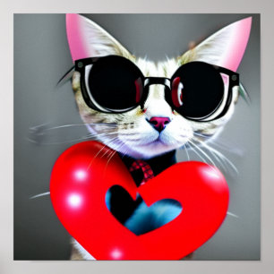 Cute Cat Valentine Day Heart Blac Glasses Art Poster