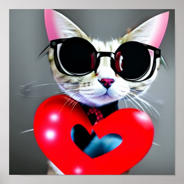 Cute Cat Valentine Day Heart Blac Glasses Art Poster (Framsidan)