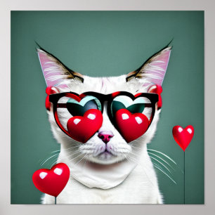Cute Cat Valentine Day Hearts Glass Digital Poster