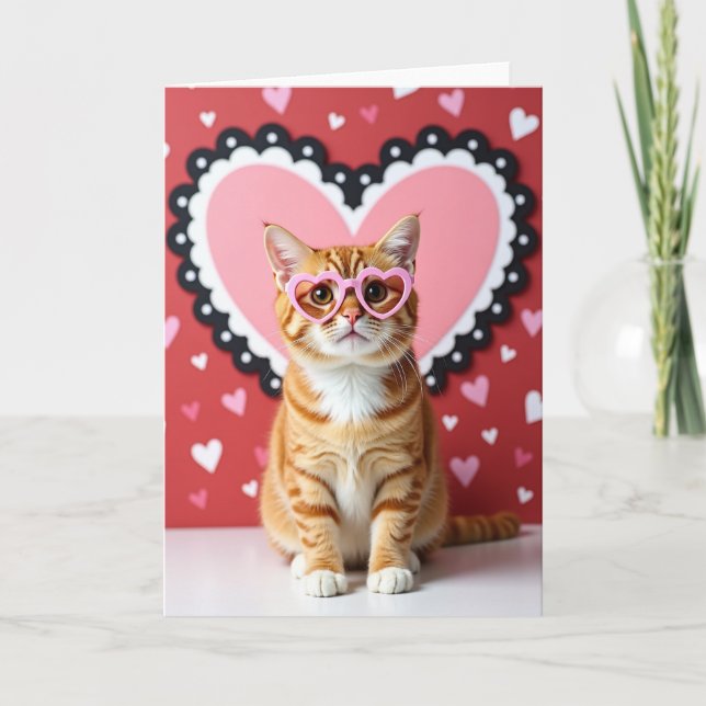 Cute Cat Valentines Heart Card Kort (Framsida)