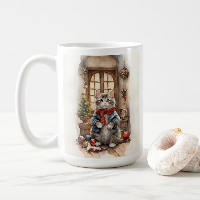 Cute Cat vid jul Jacka och Scarf Kaffemugg (Med munk)