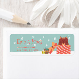 Cute Cat w Julklapp Aqua Grönt jul Returadress Etikett