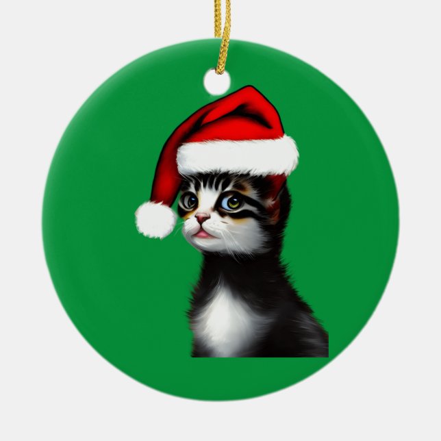 Cute Cat Wat a Jultomten Hat Julgransprydnad Keramik (Framsidan)