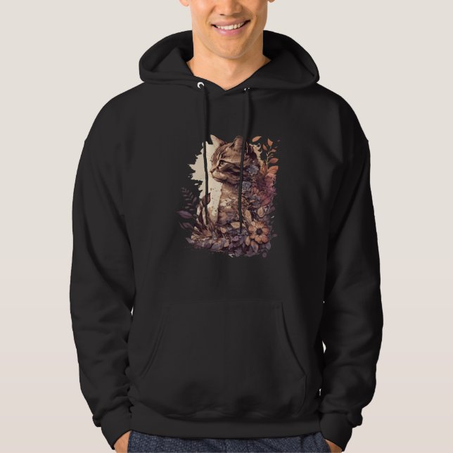 Cute Cat Watercolor Botanical Garden Aesthetic Cat Hoodie (Framsida)