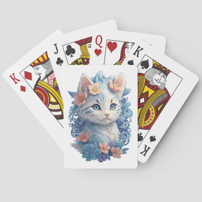 Cute Cat Watercolor-målning med Blommigt Stänk Casinokort (Baksidan)