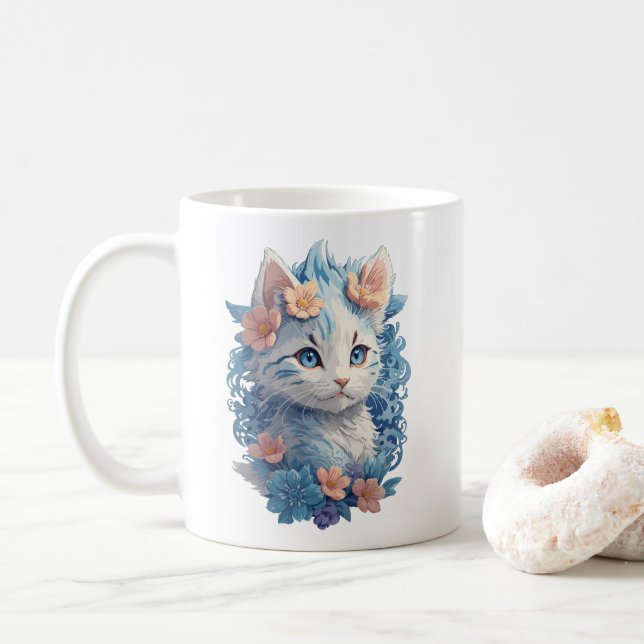 Cute Cat Watercolor-målning med Blommigt Stänk Kaffemugg (Med munk)