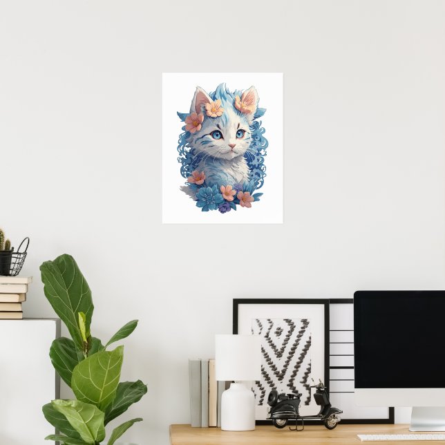 Cute Cat Watercolor-målning med Blommigt Stänk Poster (Hemmakontoret)