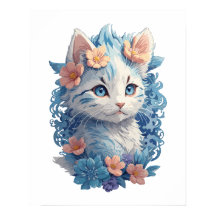 Cute Cat Watercolor-målning med Blommigt Stänk