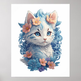 Cute Cat Watercolor-målning med Blommigt Stänk Poster