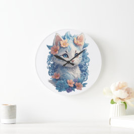 Cute Cat Watercolor-målning med Blommigt Stänk Stor Klocka