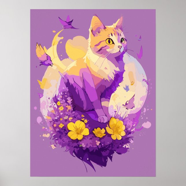 Cute Cat Watercolor-målning med Flora Poster (Framsidan)