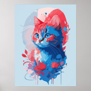 Cute Cat Watercolor-målning med Flora Poster