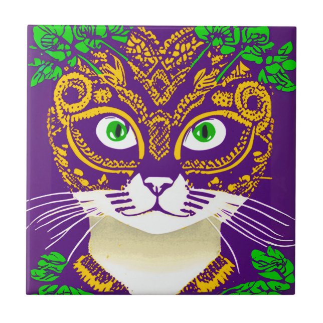 Cute Cat Wearing a Mardi Gras Mask Kakelplatta (Framsidan)