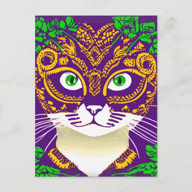 Cute Cat Wearing a Mardi Gras Mask Vykort (Framsida)