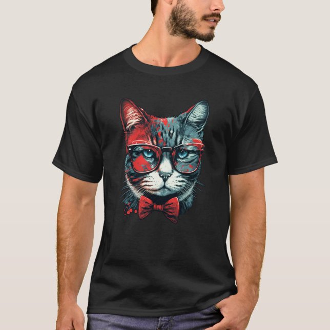 Cute Cat wearing bow tie and red sunglasses cat T Shirt (Framsida)