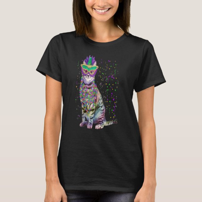 Cute Cat Wearing Carnival Mask Mardi Gras Cat Mana T Shirt (Framsida)